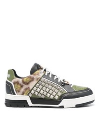 dunkelgraue Leder niedrige Sneakers mit Leopardenmuster