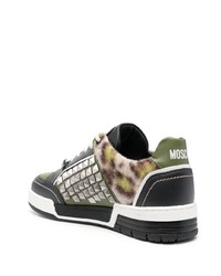 dunkelgraue Leder niedrige Sneakers mit Leopardenmuster von Moschino