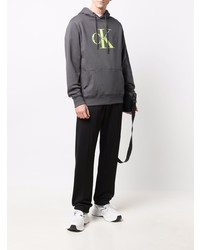 dunkelgrauer bedruckter Fleece-Pullover mit einem Kapuze von Calvin Klein Jeans