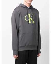 dunkelgrauer bedruckter Fleece-Pullover mit einem Kapuze von Calvin Klein Jeans