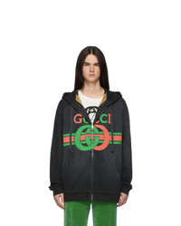 dunkelgrauer bedruckter Pullover mit einem Kapuze von Gucci