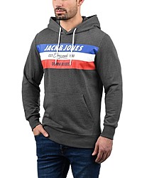 dunkelgrauer bedruckter Pullover mit einem Kapuze von Jack & Jones