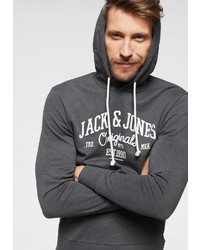 dunkelgrauer bedruckter Pullover mit einem Kapuze von Jack & Jones