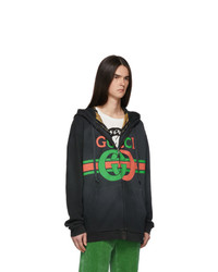 dunkelgrauer bedruckter Pullover mit einem Kapuze von Gucci