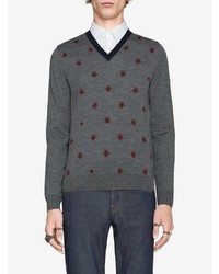 dunkelgrauer bestickter Pullover mit einem V-Ausschnitt von Gucci