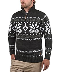 dunkelgrauer Pullover mit einem Reißverschluss am Kragen mit Norwegermuster von Solid