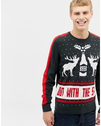 dunkelgrauer Pullover mit einem Rundhalsausschnitt mit Weihnachten Muster von Burton Menswear
