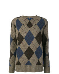 dunkelgrauer Pullover mit einem V-Ausschnitt mit Argyle-Muster