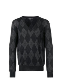 dunkelgrauer Pullover mit einem V-Ausschnitt mit Argyle-Muster von Alexander McQueen