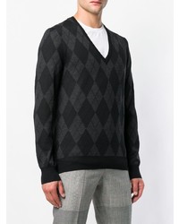dunkelgrauer Pullover mit einem V-Ausschnitt mit Argyle-Muster von Alexander McQueen