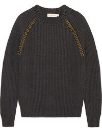 dunkelgrauer verzierter Pullover mit einem Rundhalsausschnitt von Tory Burch