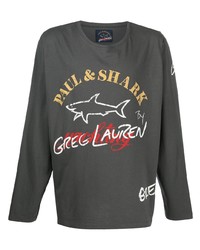 dunkelgraues bedrucktes Langarmshirt von Greg Lauren X Paul & Shark