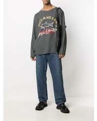 dunkelgraues bedrucktes Langarmshirt von Greg Lauren X Paul & Shark