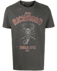 dunkelgraues bedrucktes T-Shirt mit einem Rundhalsausschnitt von John Richmond