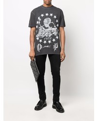 dunkelgraues bedrucktes T-Shirt mit einem Rundhalsausschnitt von Philipp Plein