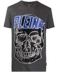 dunkelgraues bedrucktes T-Shirt mit einem Rundhalsausschnitt von Philipp Plein