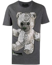 dunkelgraues bedrucktes T-Shirt mit einem Rundhalsausschnitt von Philipp Plein