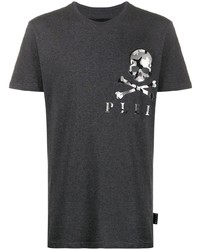 dunkelgraues bedrucktes T-Shirt mit einem Rundhalsausschnitt von Philipp Plein