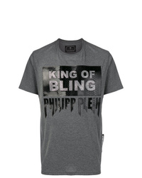 dunkelgraues bedrucktes T-Shirt mit einem Rundhalsausschnitt von Philipp Plein