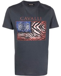 dunkelgraues bedrucktes T-Shirt mit einem Rundhalsausschnitt von Roberto Cavalli