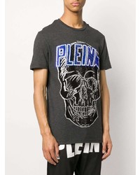 dunkelgraues bedrucktes T-Shirt mit einem Rundhalsausschnitt von Philipp Plein