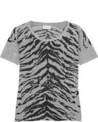 dunkelgraues bedrucktes T-Shirt mit einem Rundhalsausschnitt