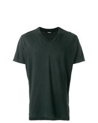 dunkelgraues bedrucktes T-Shirt mit einem V-Ausschnitt