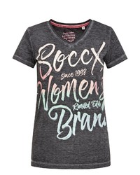 dunkelgraues bedrucktes T-Shirt mit einem V-Ausschnitt von SOCCX