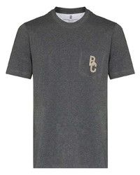dunkelgraues besticktes T-Shirt mit einem Rundhalsausschnitt von Brunello Cucinelli