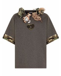 dunkelgraues besticktes T-Shirt mit einem Rundhalsausschnitt von Dolce & Gabbana