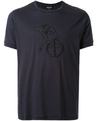 dunkelgraues besticktes T-Shirt mit einem Rundhalsausschnitt von Giorgio Armani