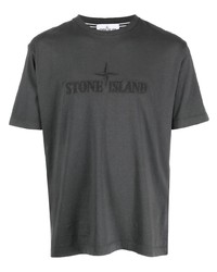 dunkelgraues besticktes T-Shirt mit einem Rundhalsausschnitt von Stone Island