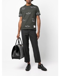 dunkelgraues besticktes T-Shirt mit einem Rundhalsausschnitt von Thom Browne