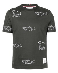 dunkelgraues besticktes T-Shirt mit einem Rundhalsausschnitt von Thom Browne