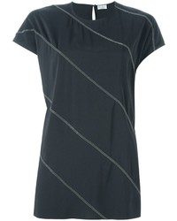 dunkelgraues horizontal gestreiftes Seide T-shirt