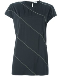 dunkelgraues horizontal gestreiftes Seide T-shirt von Brunello Cucinelli