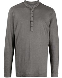 dunkelgraues Langarmshirt mit einer Knopfleiste von 120% Lino