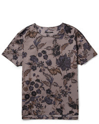dunkelgraues T-Shirt mit einem Rundhalsausschnitt mit Blumenmuster
