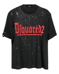 dunkelgraues T-Shirt mit einem Rundhalsausschnitt mit Destroyed-Effekten von DSQUARED2