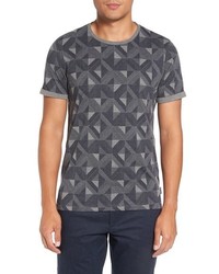 dunkelgraues T-Shirt mit einem Rundhalsausschnitt mit geometrischem Muster