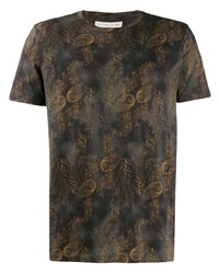 dunkelgraues T-Shirt mit einem Rundhalsausschnitt mit Paisley-Muster