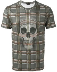 dunkelgraues T-Shirt mit einem Rundhalsausschnitt mit Schottenmuster