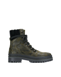 dunkelgrüne Camouflage flache Stiefel mit einer Schnürung aus Leder