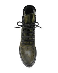dunkelgrüne Camouflage flache Stiefel mit einer Schnürung aus Leder von Tommy Hilfiger
