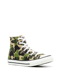 dunkelgrüne Camouflage hohe Sneakers aus Segeltuch von A Bathing Ape