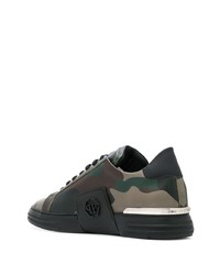 dunkelgrüne Camouflage Leder niedrige Sneakers von Philipp Plein