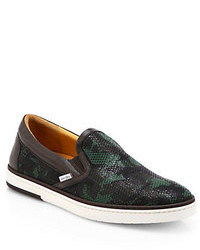 dunkelgrüne Camouflage Slip-On Sneakers aus Leder