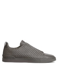 dunkelgrüne geflochtene Slip-On Sneakers aus Leder