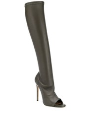 dunkelgrüne Overknee Stiefel aus Leder mit Ausschnitten von Victoria Beckham