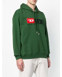 dunkelgrüner bedruckter Pullover mit einem Kapuze von Diesel